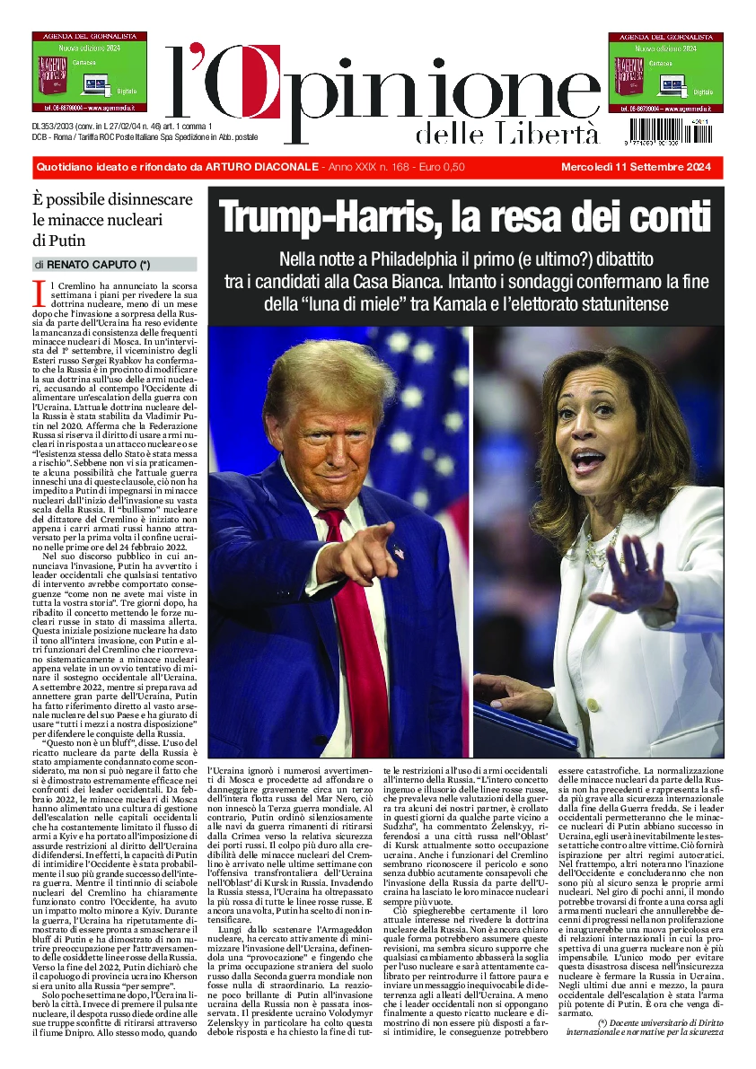 Prima-pagina-opinione della liberta-edizione-di-oggi-2024-09-11